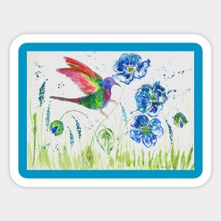 Hummingbird and Blue Poppies Sticker